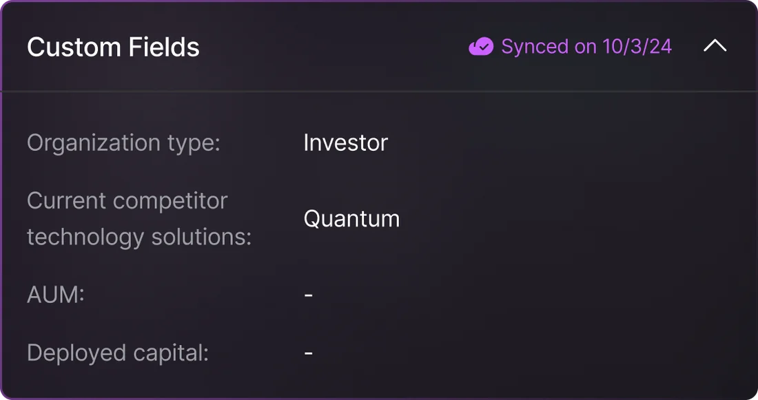 Custom fields card synced to the CRM, including organization type and competitor technology