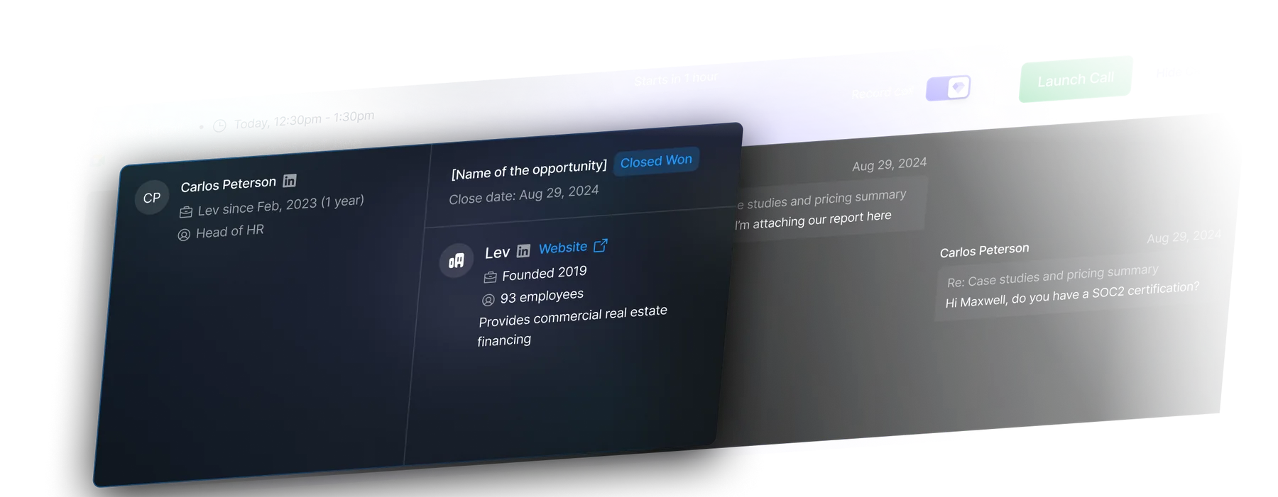 Paragon AI call preparation view showing the upcoming call, participants and account context
