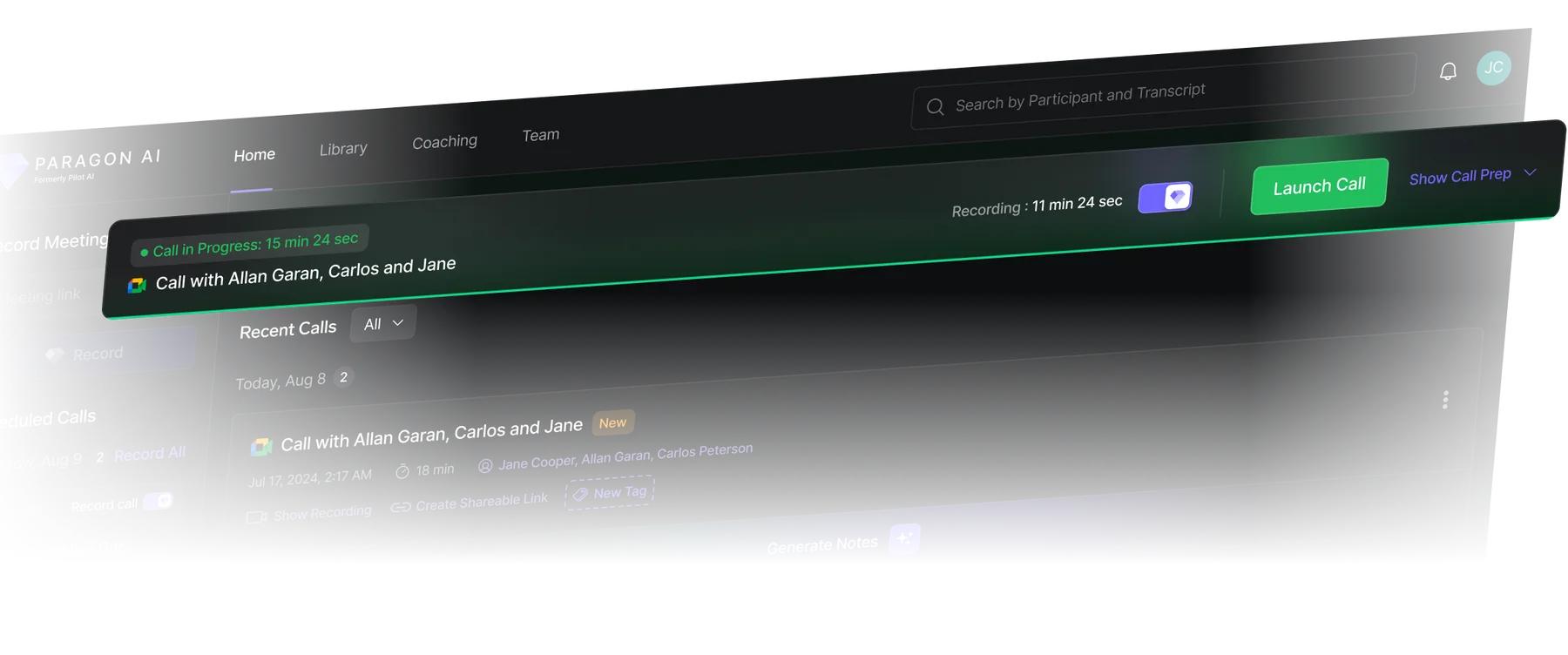 A call in progress being recorded by Paragon AI