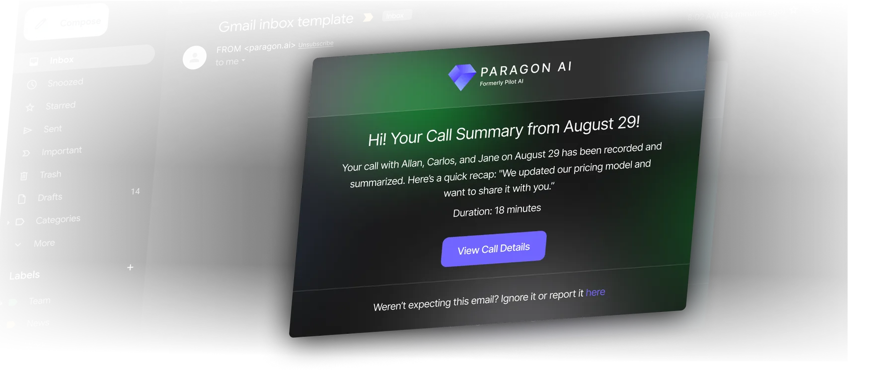 An automatically drafted follow-up email after a call